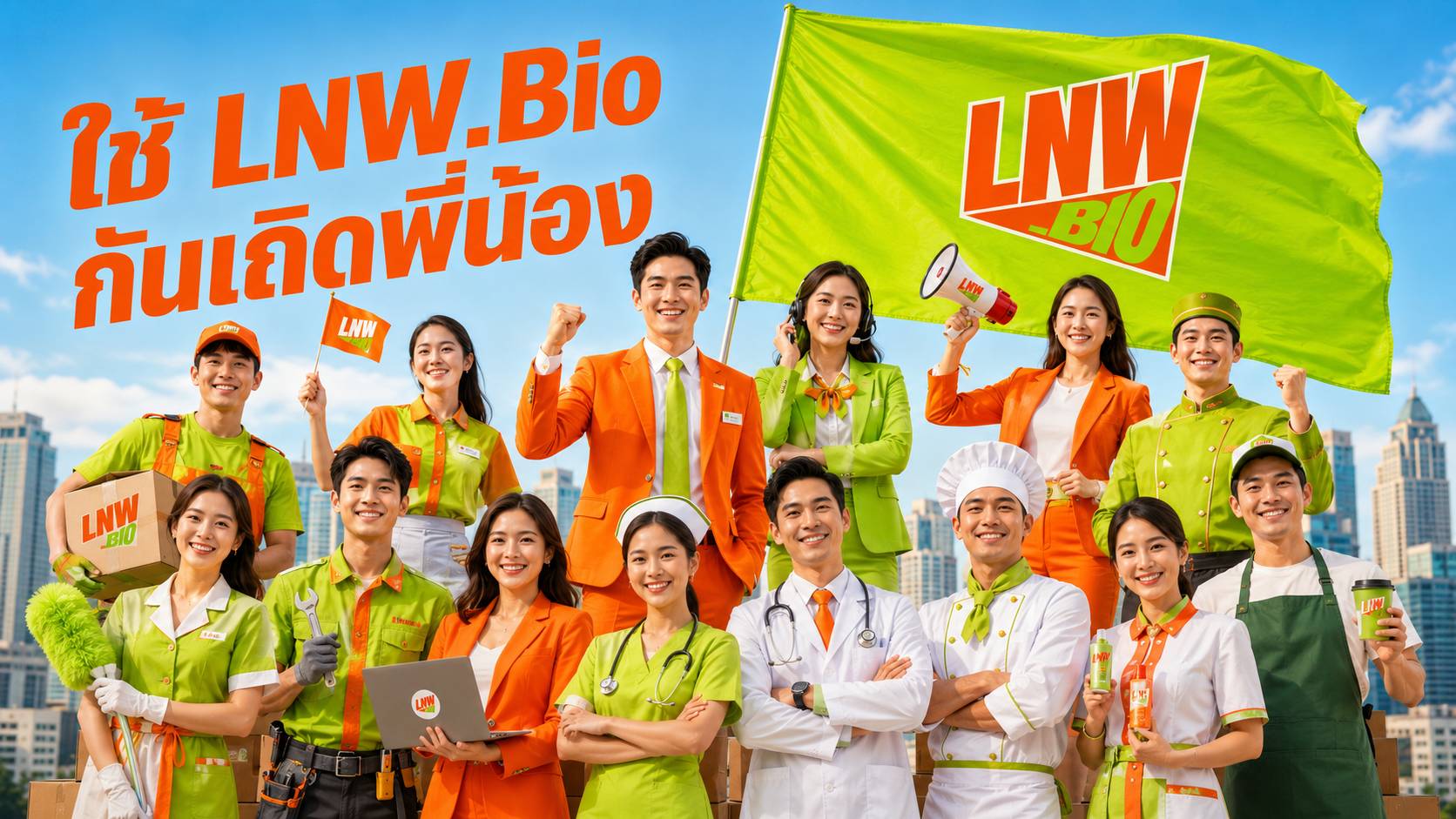 แบนเนอร์แคมเปญ LNW.Bio พร้อมมาสคอตและรายละเอียดบริการ