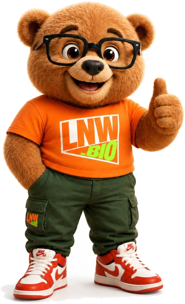 เทพลิงก์ มาสคอตหมีใส่แว่น เสื้อสีส้มของ LNW.Bio